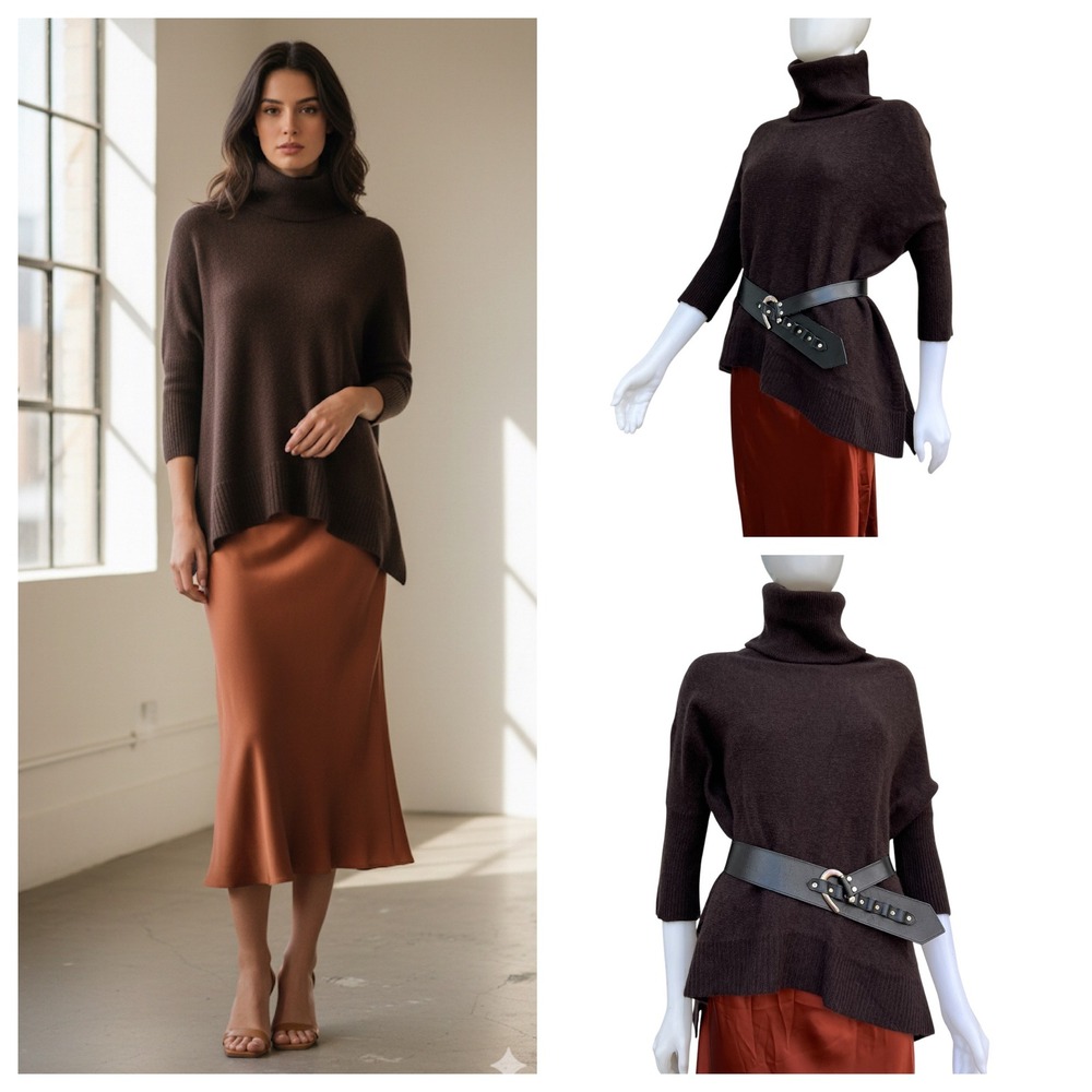 360 Cashmere Brown Asymmetric Mock Turtleneck Sweater Women's M 100%‎ Cashmere